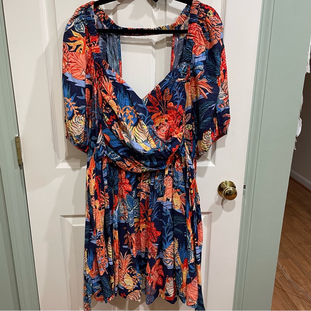 Anthropologie 2X Tiger Print Sweetheart Puff Sleeve Mini Dress EUC - Picture 2 of 9